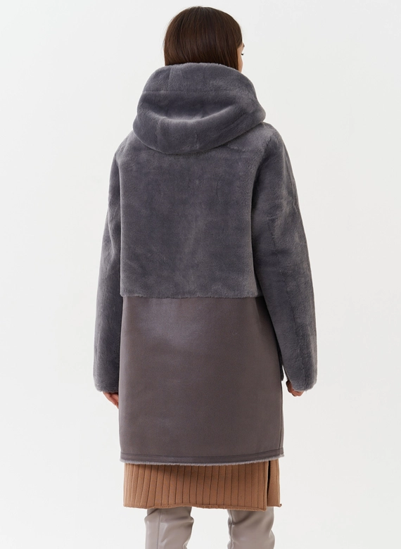 Двухсторонняя эко дубленка с капюшоном фото