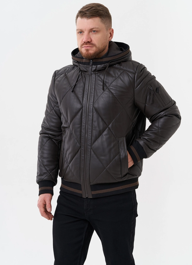 Куртка мужская из натуральной кожи  модель № 26696 меха малина фото