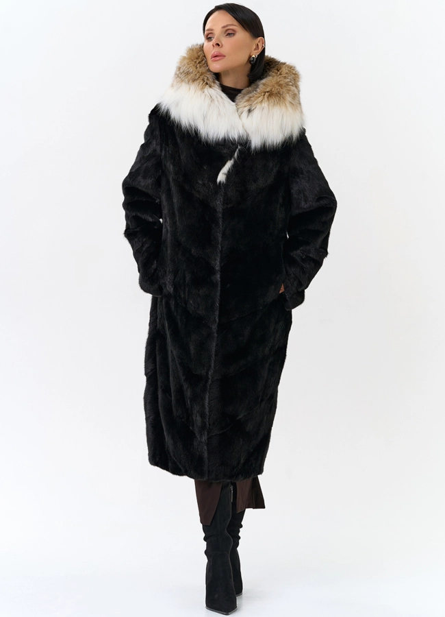Норковая шуба черного цвета с рысью модель № 25004 универмаг малина фото
