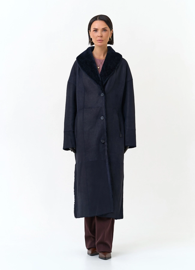 фото Женская двухсторонняя дубленка с воротником шаль модель № 34435 фото