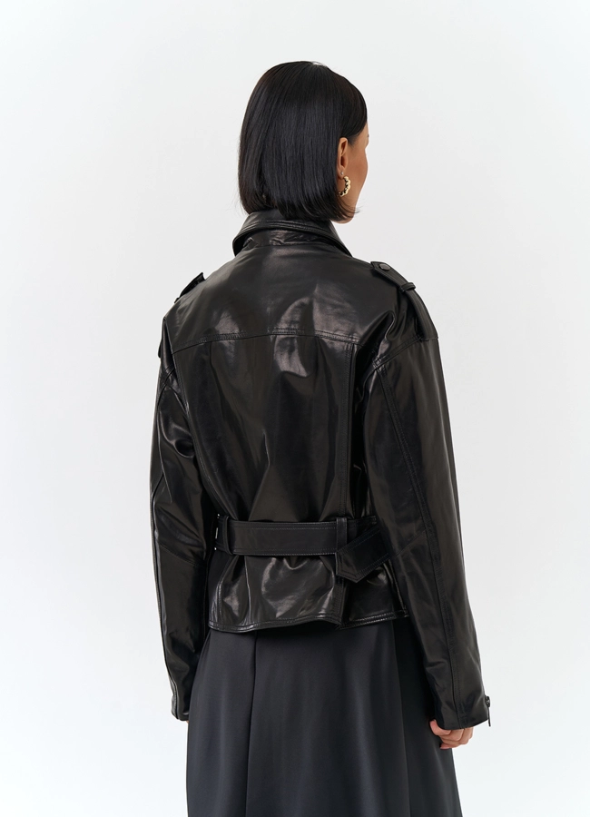 Женская куртка из натуральной кожи с поясом модель № 29916 в рассрочку фото
